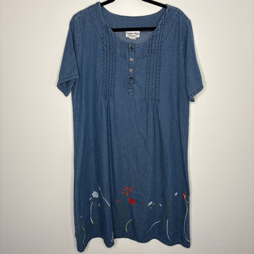 Country Store Modest Dress Women's Large Embroidered Denim Cottagecore Trad Farm